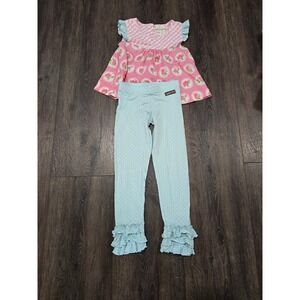 Matilda Jane Set Girls Pink Floral Tunic & Blue Polka Dot Ruffle Leggings Size 4